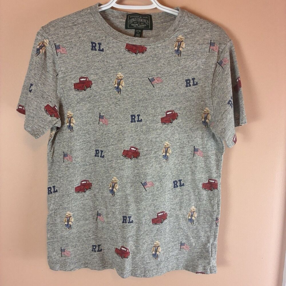 Polo Country Ralph Lauren Boys Gray Polo Cowboy Bear  Shirt Size Large(14-16)